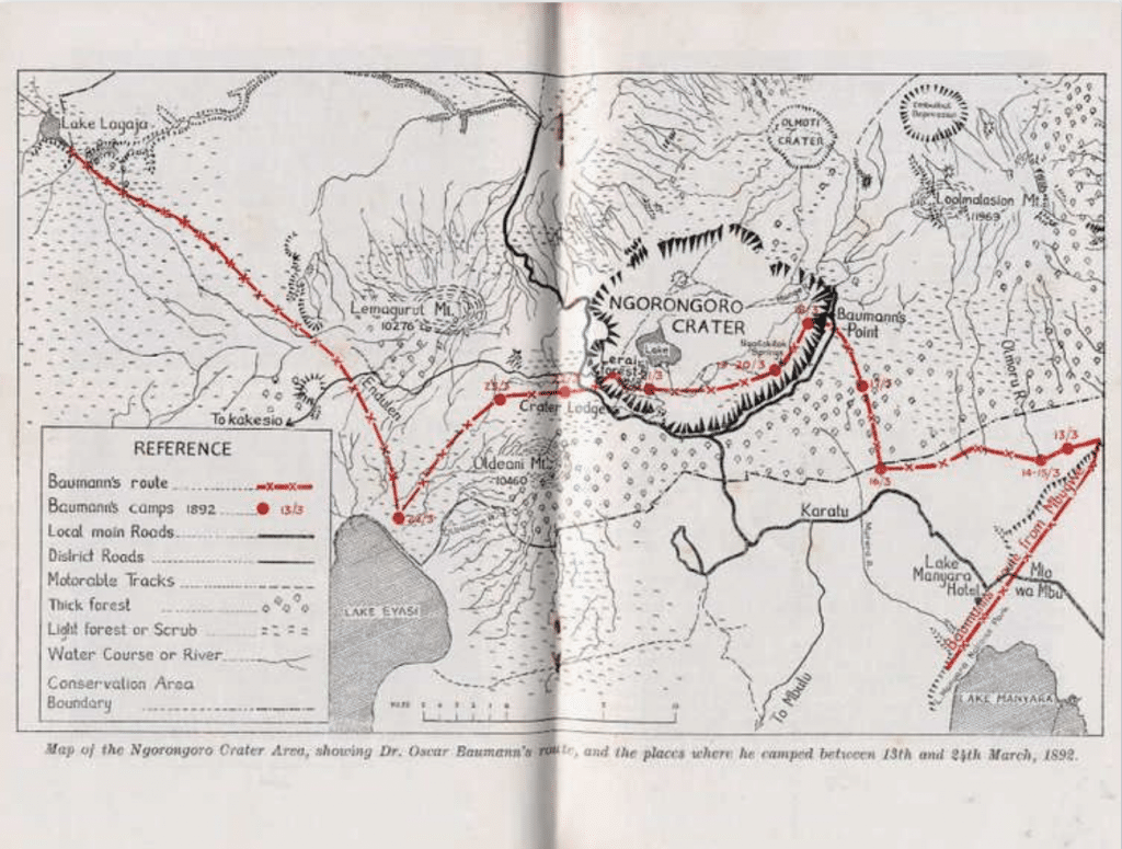 Oscar Bauman's route on the Ngorongoro Crater area